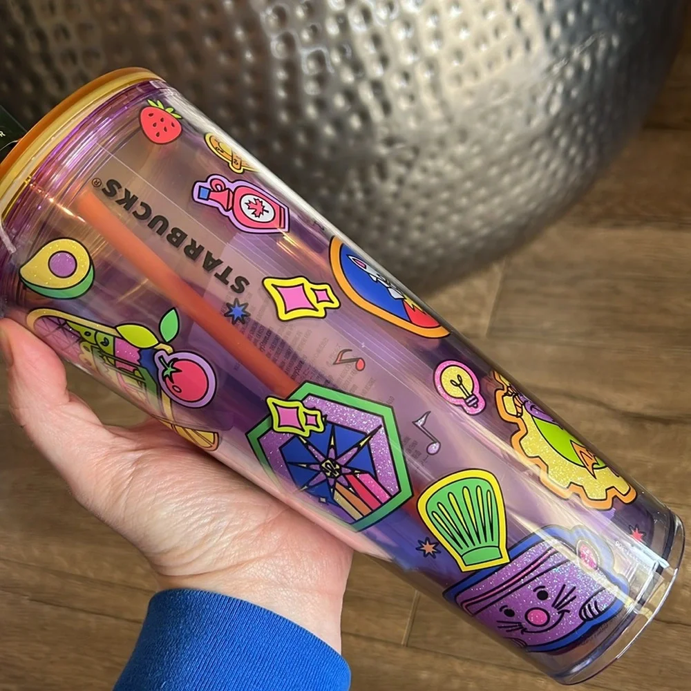Starbucks Purple Epcot Travel Tumbler with Orange Lid and Straw. **NO PINS**
